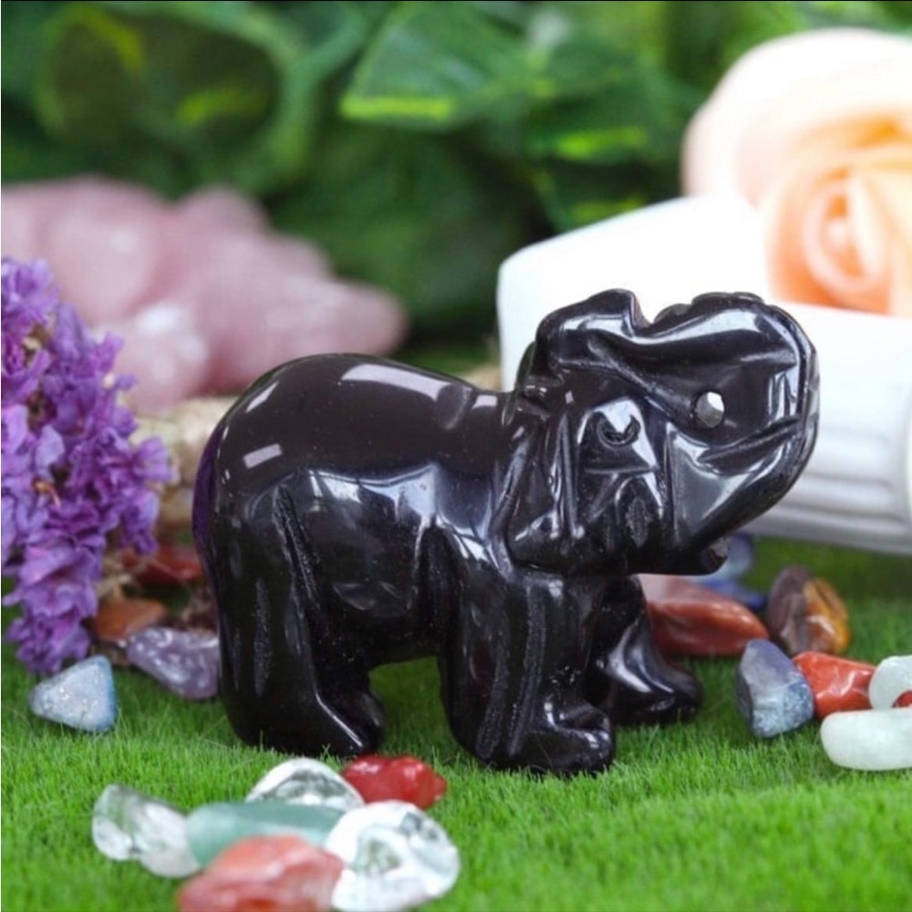 🆕 New Black Obsidian Elephant Crystal Healing Crystal Figurines 1.5”